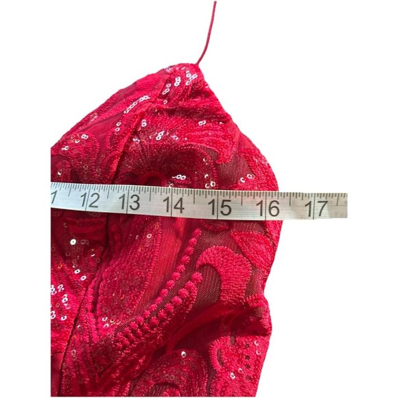 Fashion Nova Dress Cherry Red Ayana Corset Sequin Tulle Mesh Overlay Double Slit - Picture 11 of 16